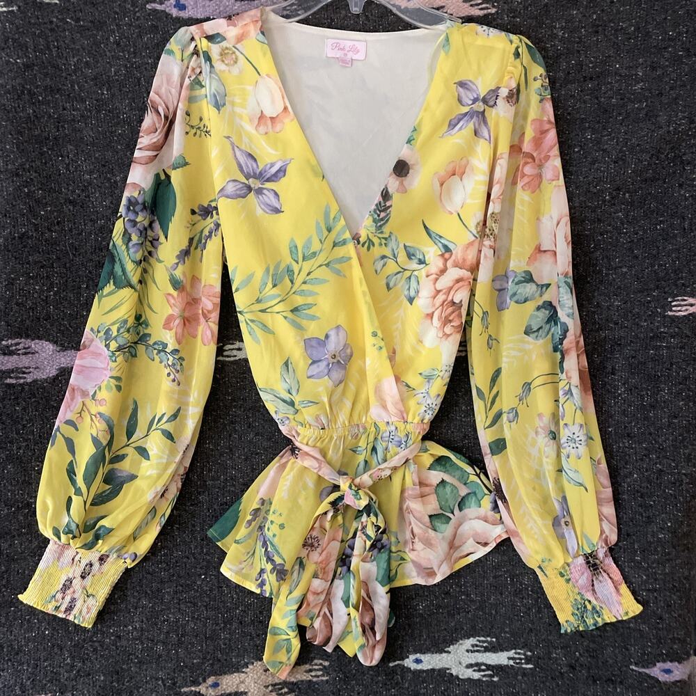 Pink Lily Women’s Floral Blouse Split Neck with Ties Lined Size M